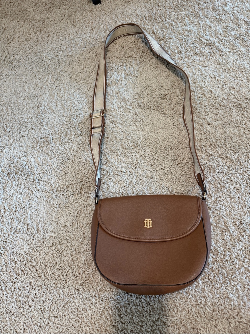 Tommy Hilfiger Brown Cognac Crossbody Bag Logo Strap Purse